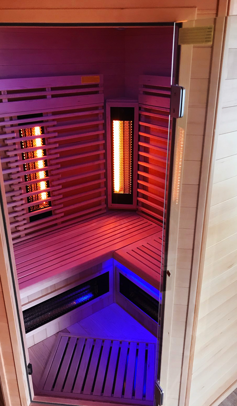 Eau et Technique 82 - Interior view of a lit infrared sauna